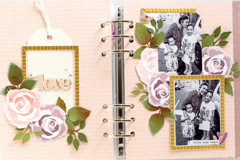 DIY scrapbook pages decorated with roses, with photos of two girls and a grandma