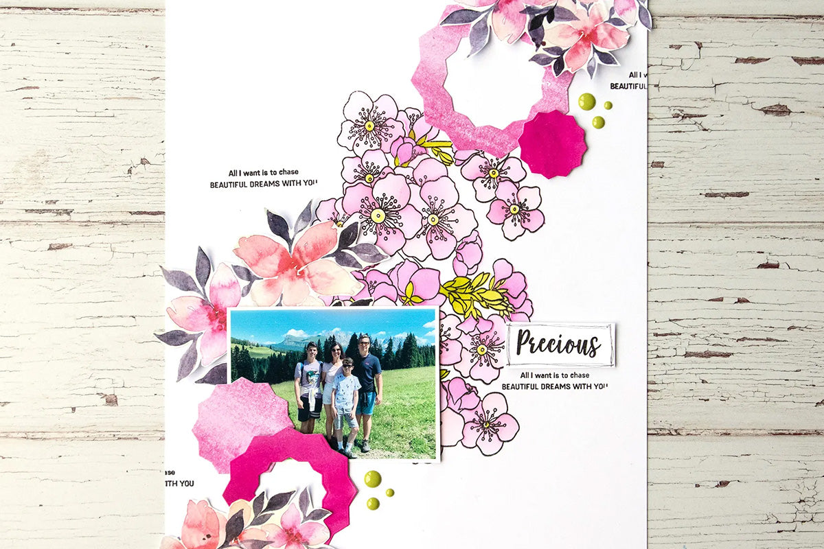 Family scrapbook page idea with florals and geometric shapes