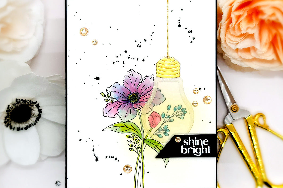 DIY greeting card with a flower and dangling lightbulb, made with Altenew stamps and dies