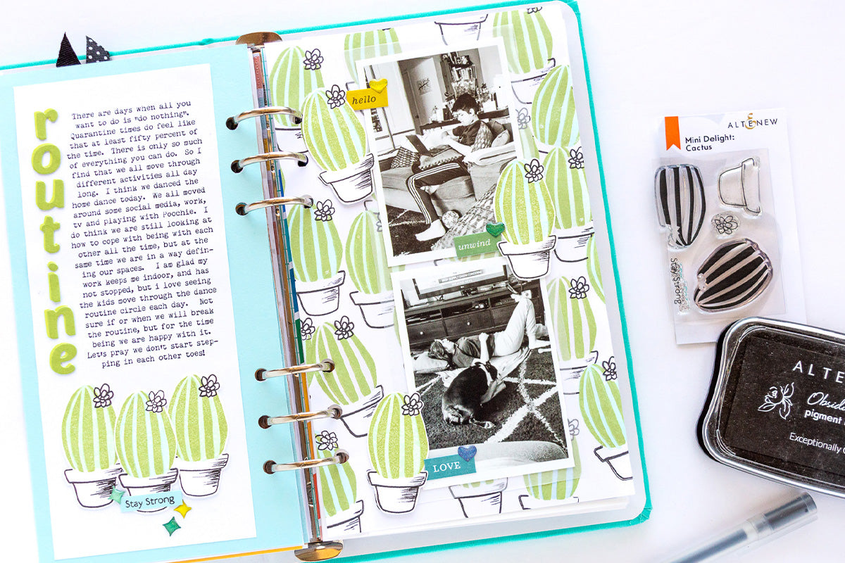 Journal page decorated with cute mini cactus stamps and dies