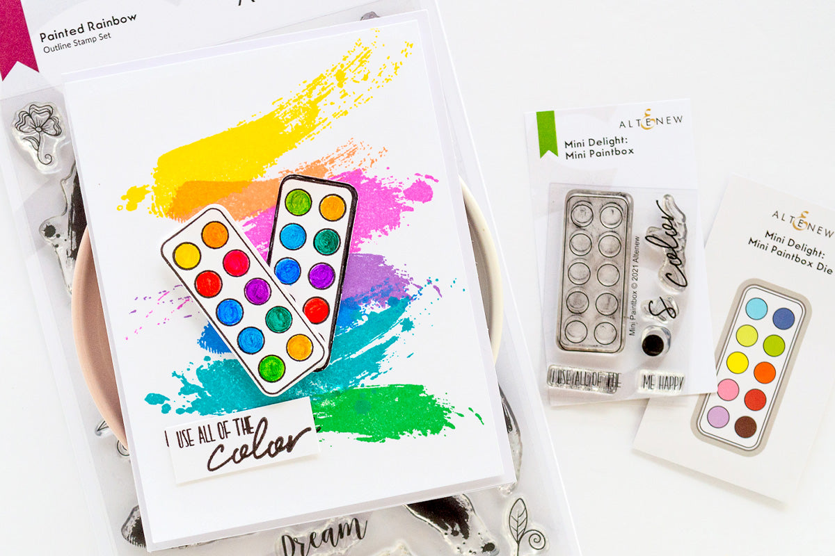 Colorful art themed handmade card featuring Altenew's Mini Delight Paintbox Stamp and Die Set