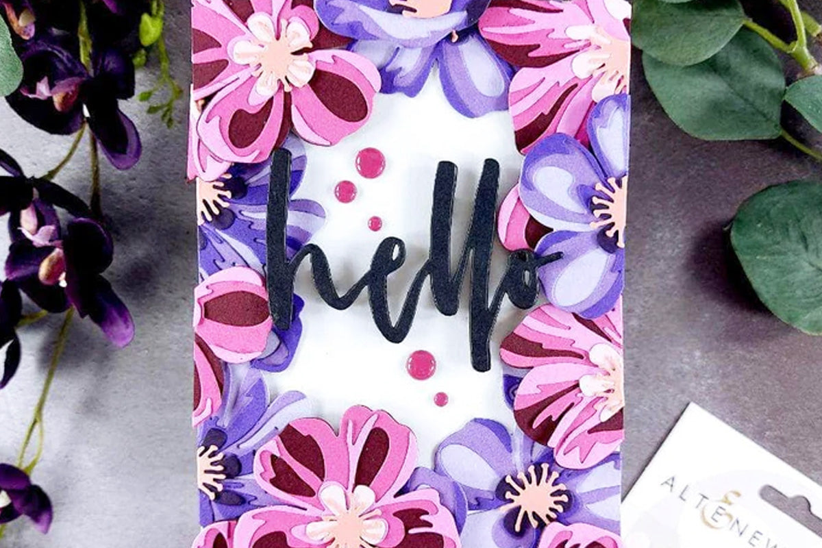 A greeting card decorated with a smattering of colorful purple, pink, and deep red flowers around the border of the project