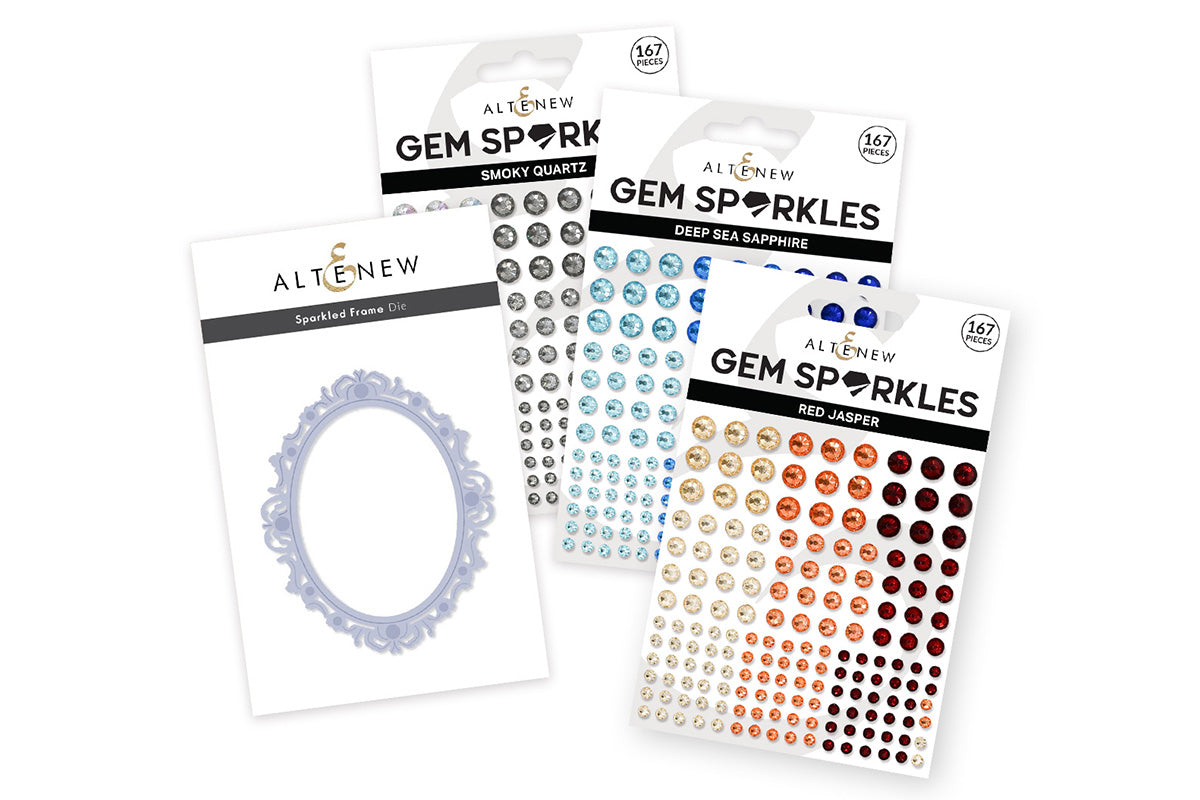 The Sparkled Frame die-set, along with new Gem Sparkle variants — Smoky Quartz, Deep Sea Sapphire, and Red Jasper