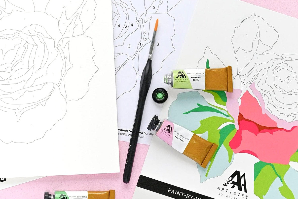 Paint-by-Number Sheets & Artists' Gouache Set Bundle, with Altenew's Fine Watercolor Brush