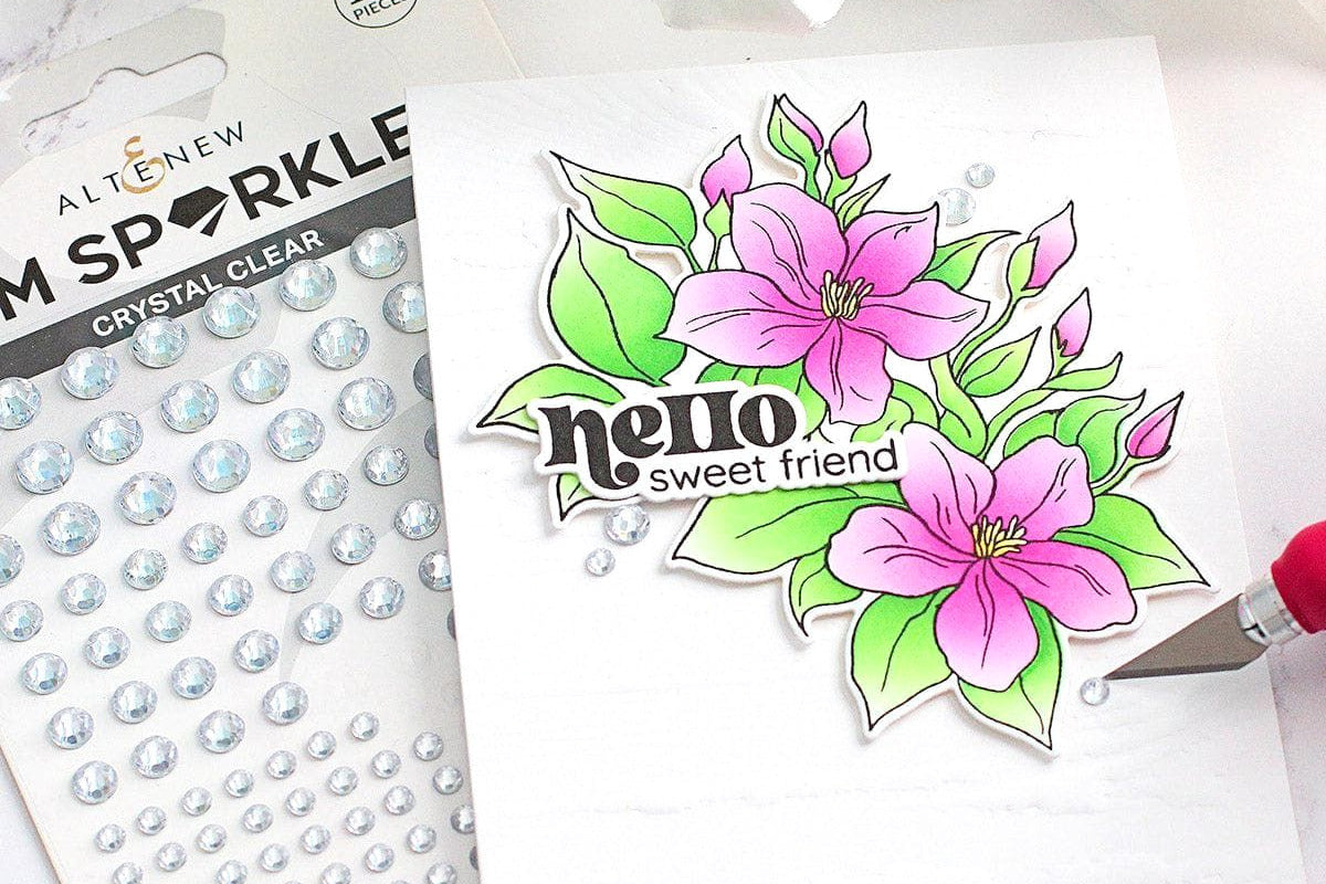 A hello greeting card embellished with Crystal Clear Gem Sparkles