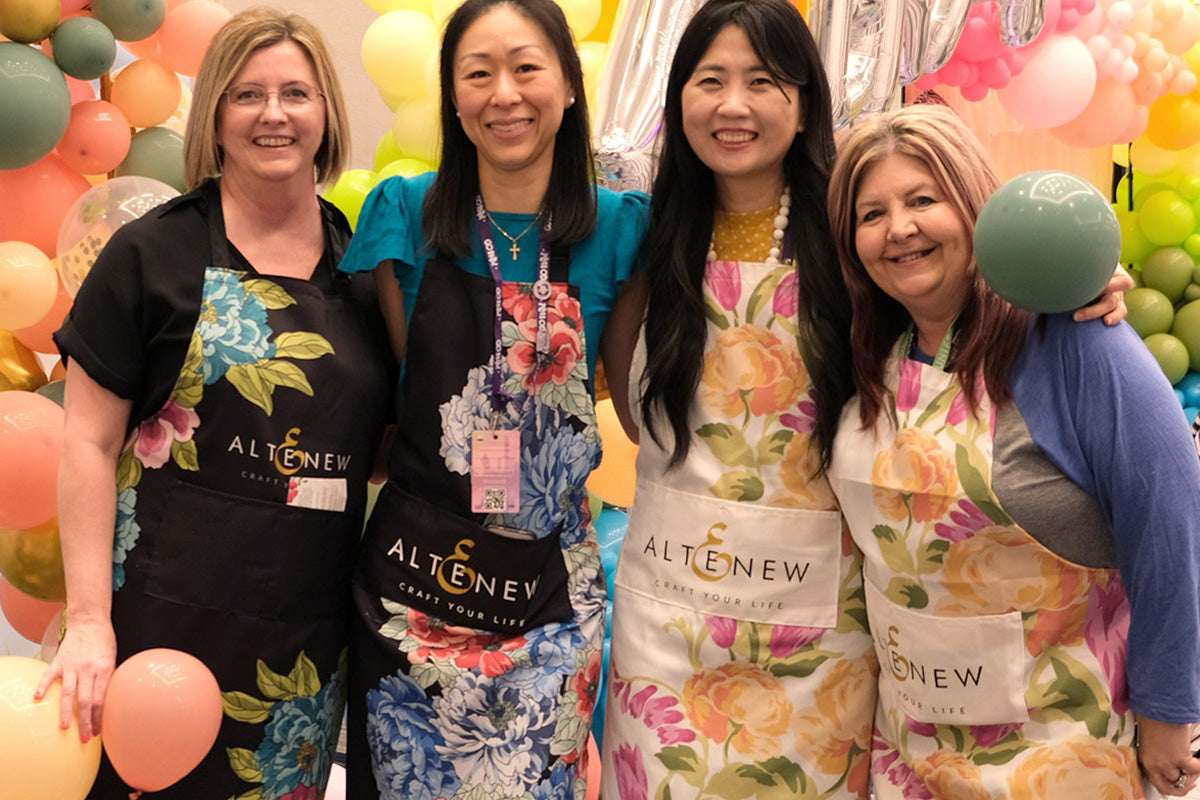 Altenew's May Park with 3 other crafters wearing the new Artsy Aprons from Altenew