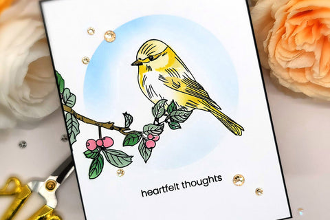 Clean and simple sympathy card with a bird perched on a leafy branch made with Altenew's Rustic Charm crafting kit
