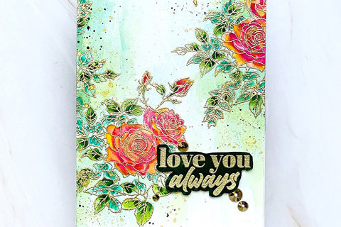 Valentine's Day card with a watercolor wash background and watercolored rose bushes