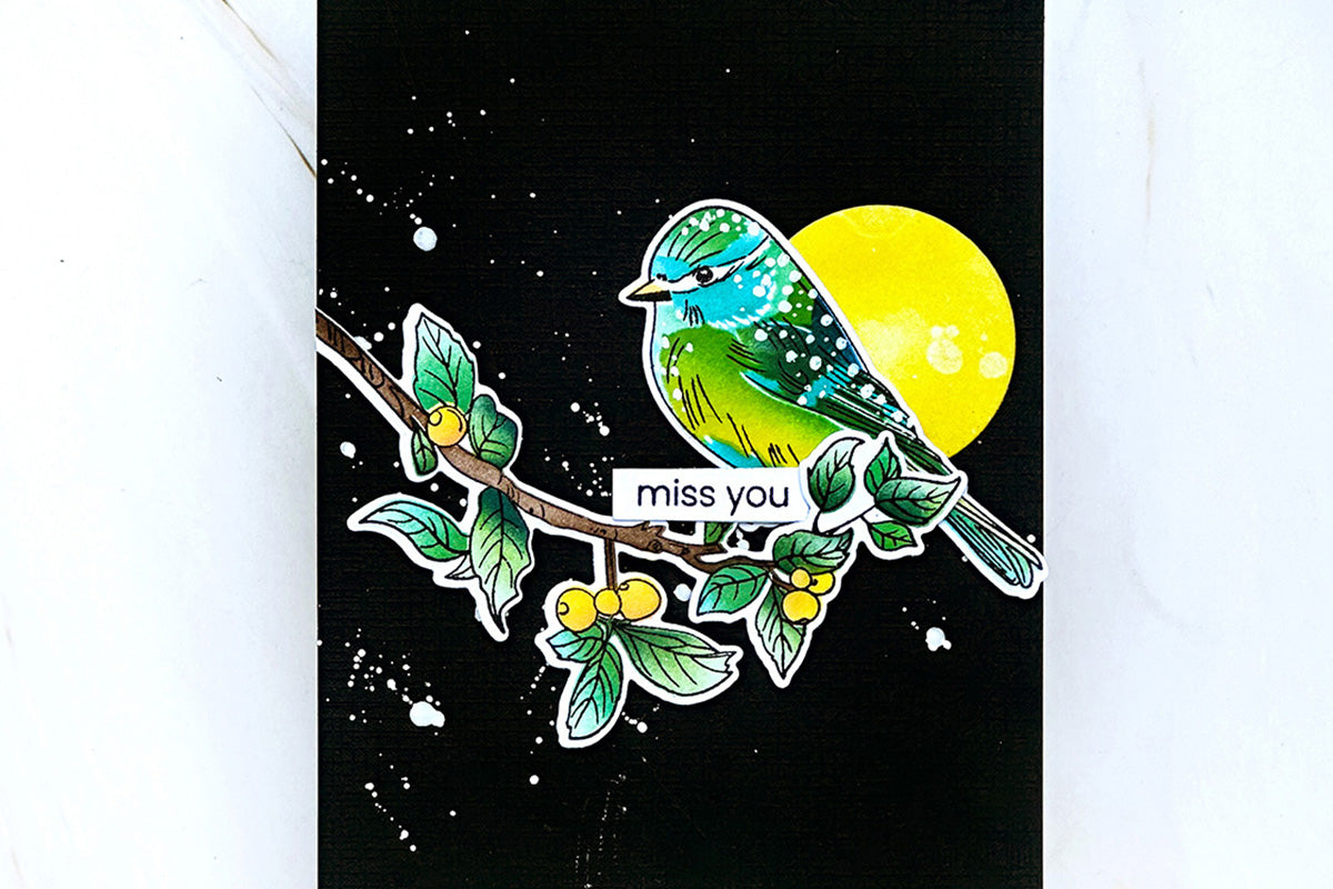Masculine miss you card with a night scene background and a bird perched on a leafy branch