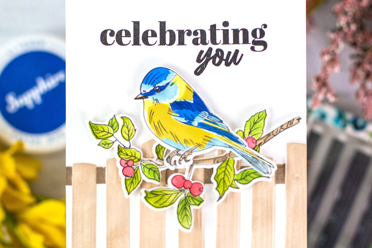 CAS gender-neutral handmade greeting card with 3D embossed fence and a bird, from Altenew's Rustic Charm Card Kit
