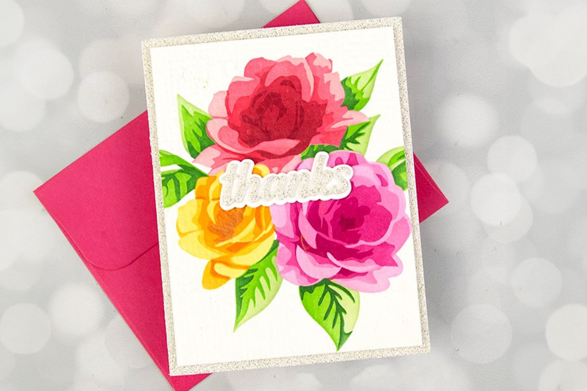 Floral thank you card with a matching colored greeting card envelope from Altenew, made by Jennifer McGuire