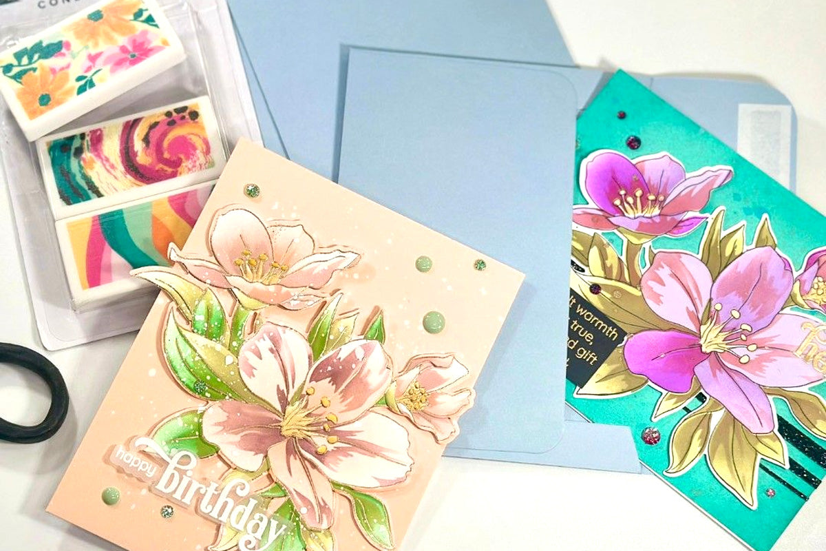 2 floral handmade greeting cards with matching custom envelopes from Altenew's Crafty Necessities Envelope collection