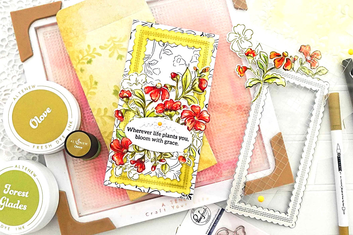 DIY slimline card and envelope decorated with Altenew stamps and dies