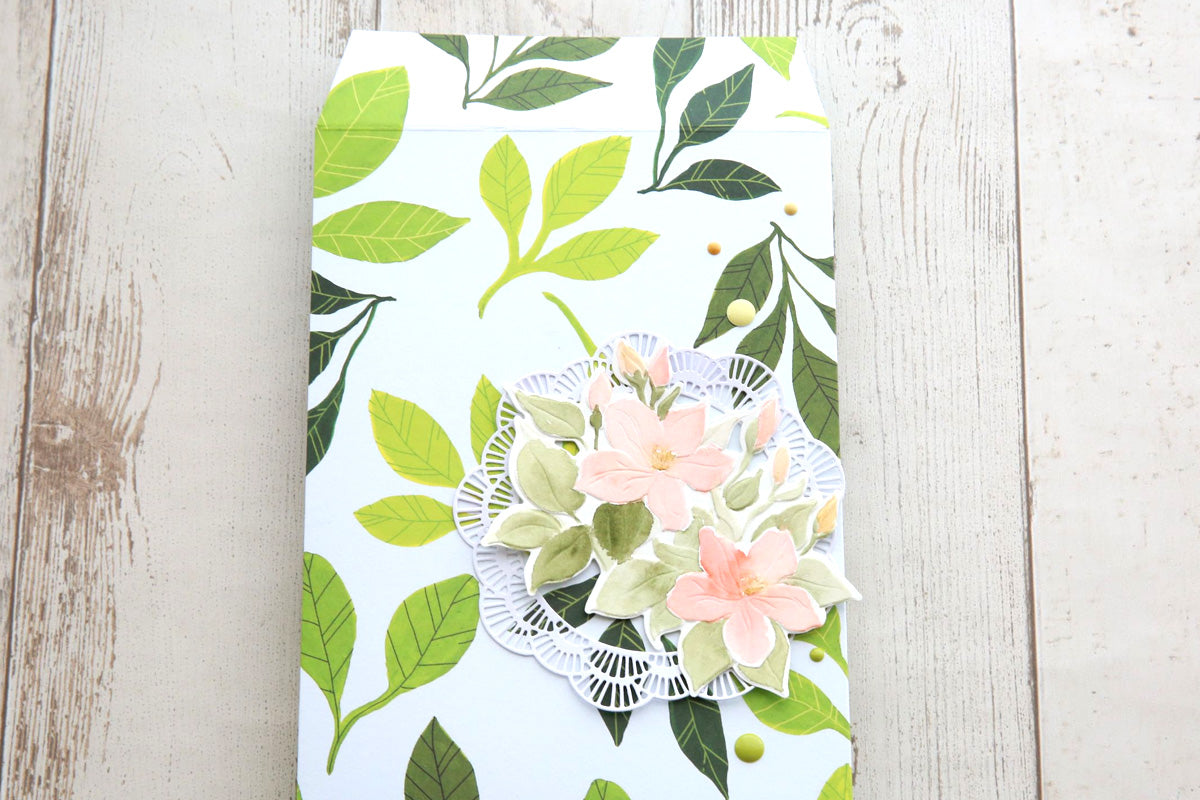 DIY envelope for handmade cards, made with Altenew patterned scrapbook paper and 3D embossed florals