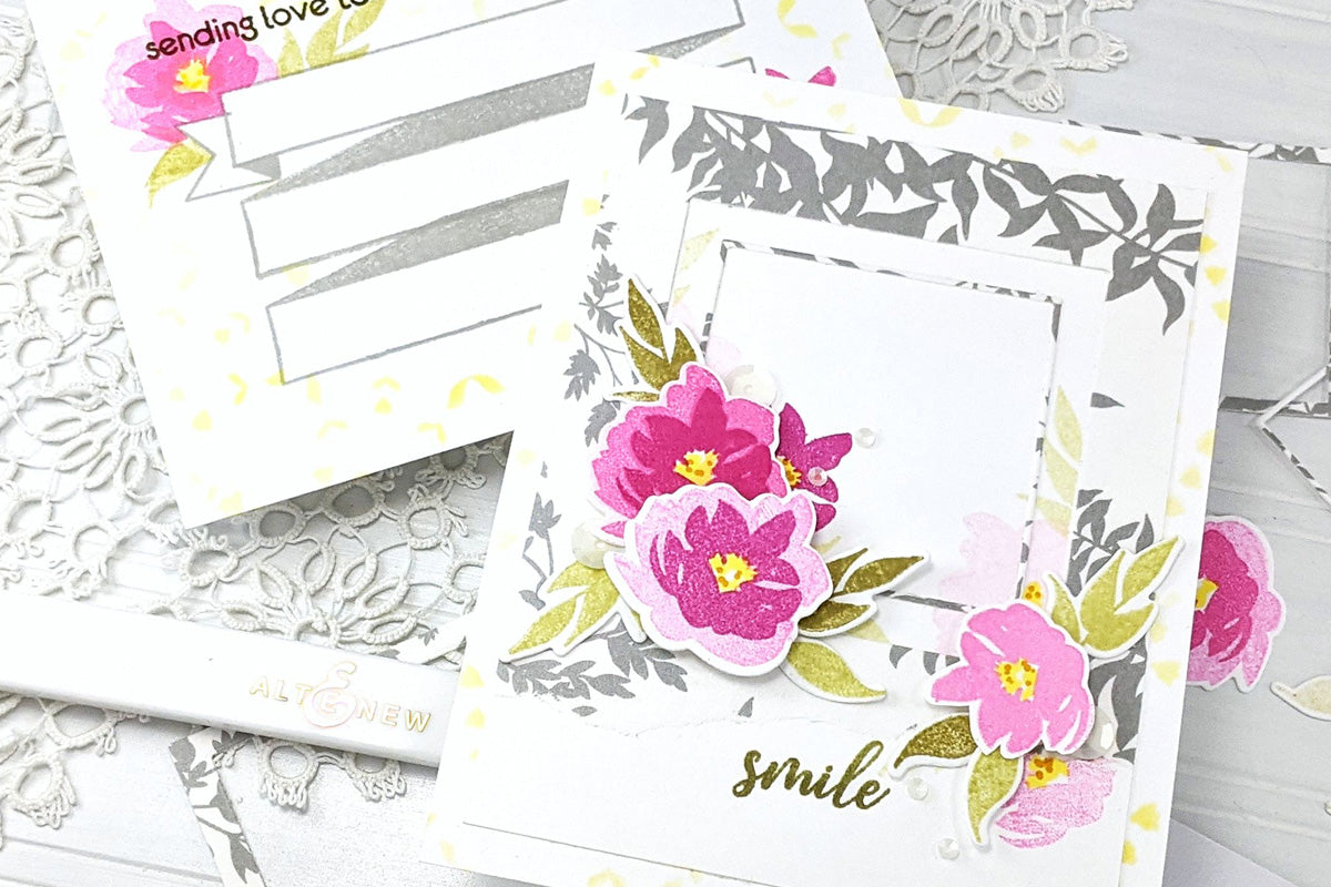 Clean and simple floral card with a matching white card envelope decorated with Altenew stamps