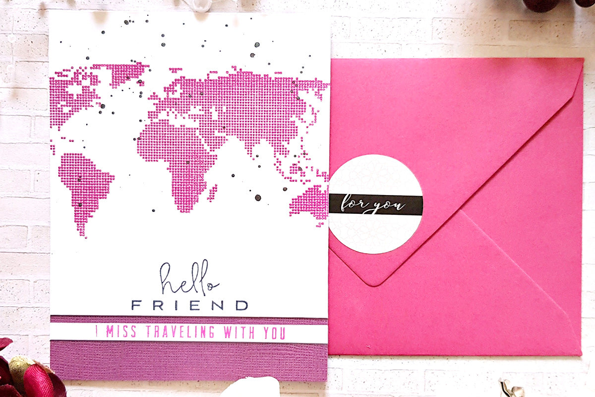 Handmade friendship card with a matching pink envelope for cardmaking and a round envelope sticker