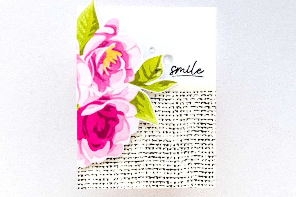 DIY greeting card with pink flowers and a burlap letterpress background made with Altenew's Rustic Burlap press plate