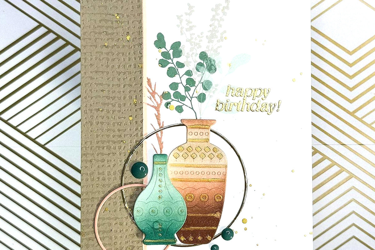 Boho chic birthday card idea with plants in vases and a burlap letterpress border