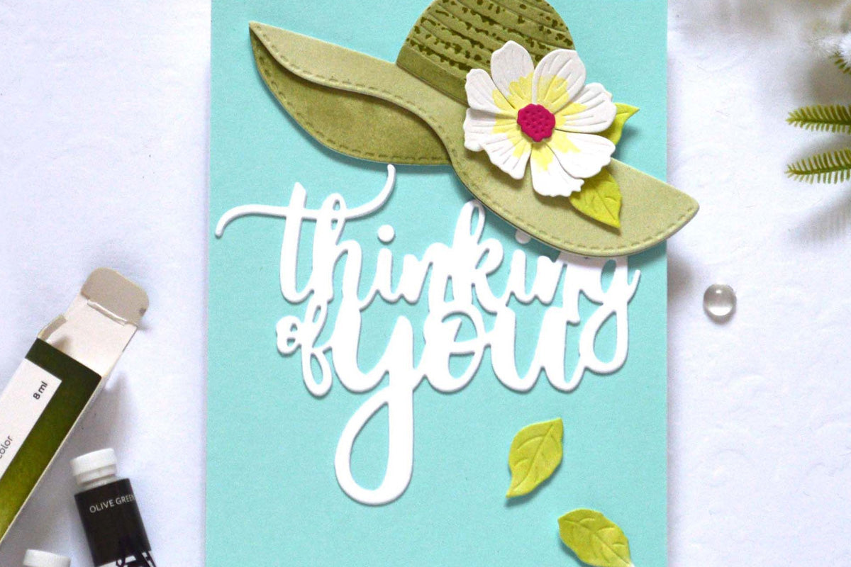 "Thinking of You" card idea with a turquoise background and a green floral hat