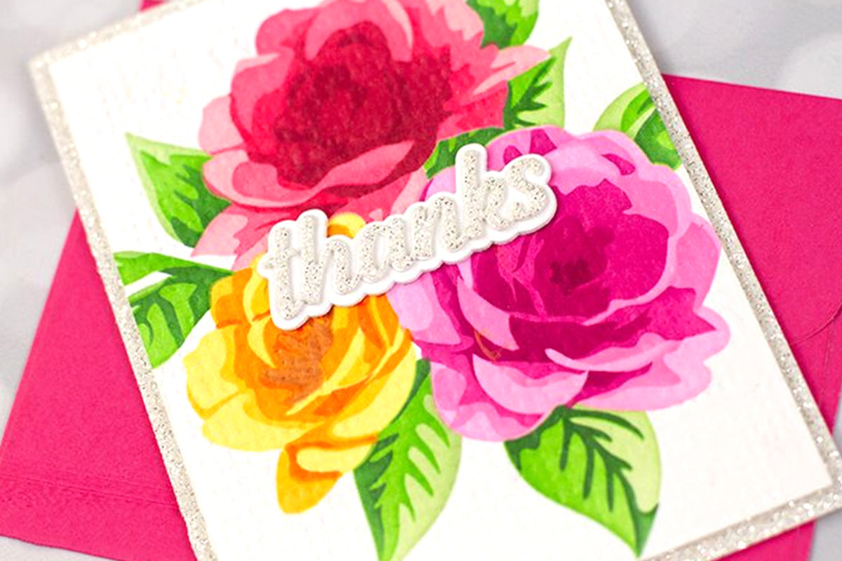 Handmade thank you card with 3 different colored florals, made by Jennifer McGuire with Altenew products