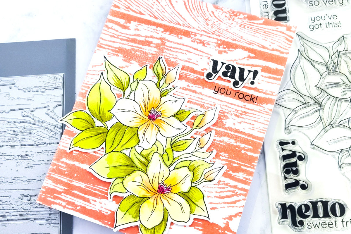 Congratulations card with wood press plate background and yellow florals