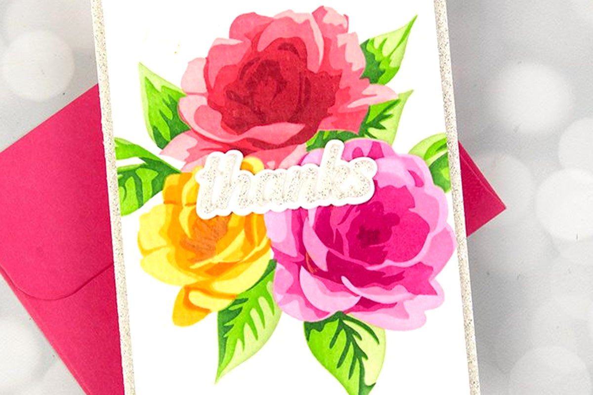 Thank you card with a trio of flowers and a wood letterpress background