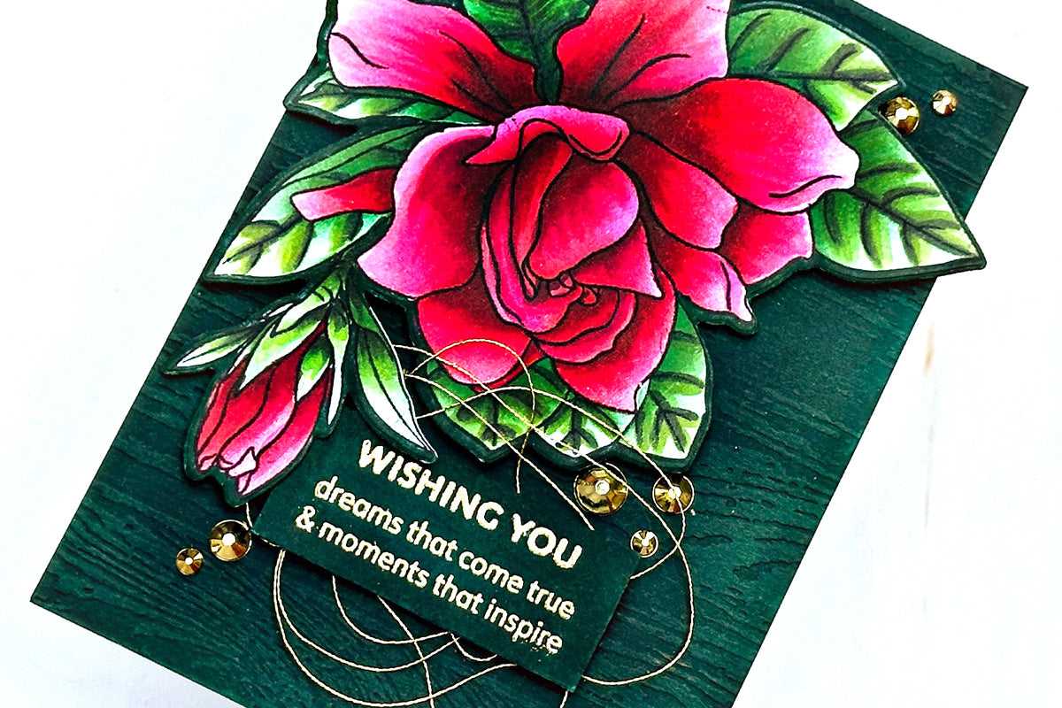 Floral handmade card with a faux wood background and a huge red flower