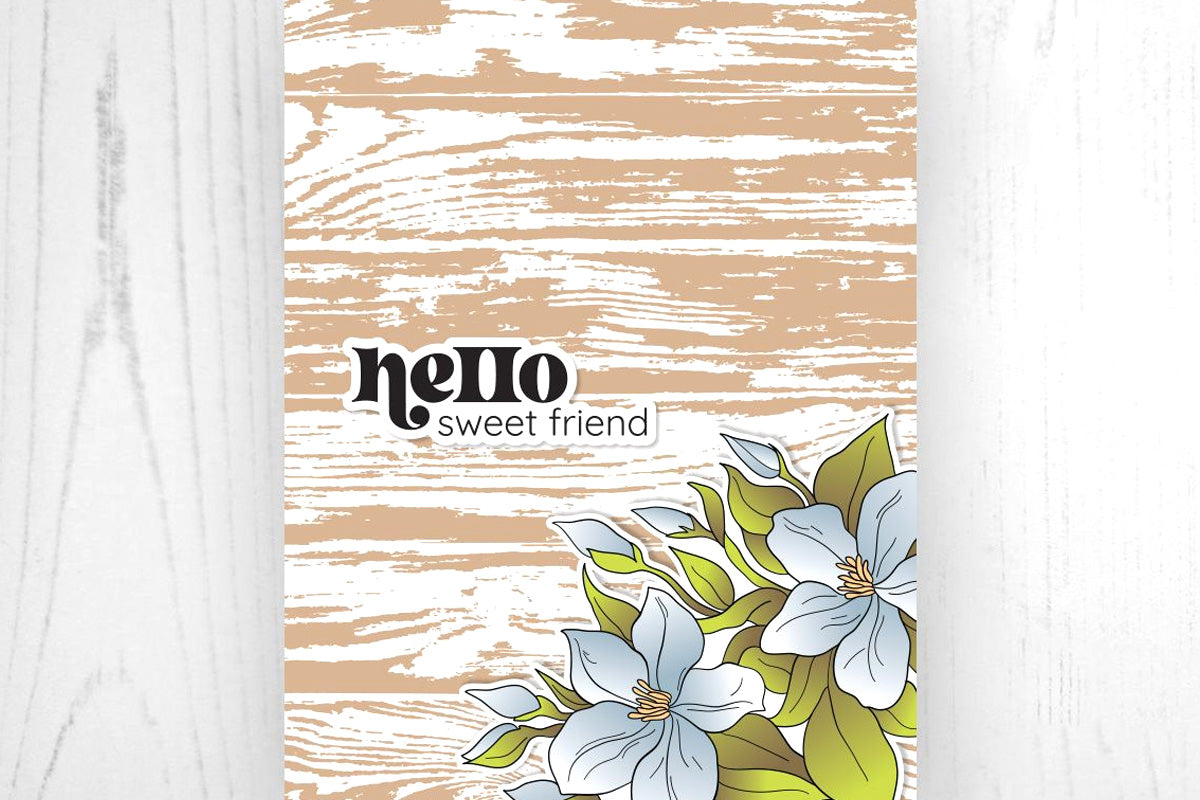 Simple friendship-themed greeting card with blue florals and a wooden background made with Altenew Wood Press Plates