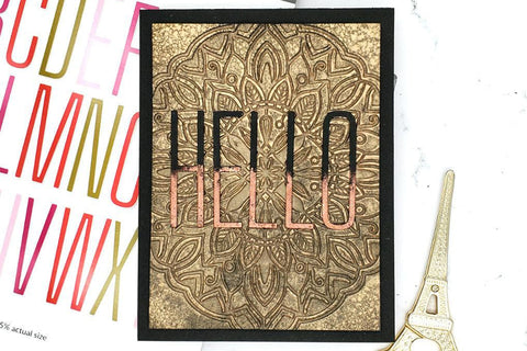 Elegant greeting card with gold 3D embossed mandala design and the sentiment "hello"
