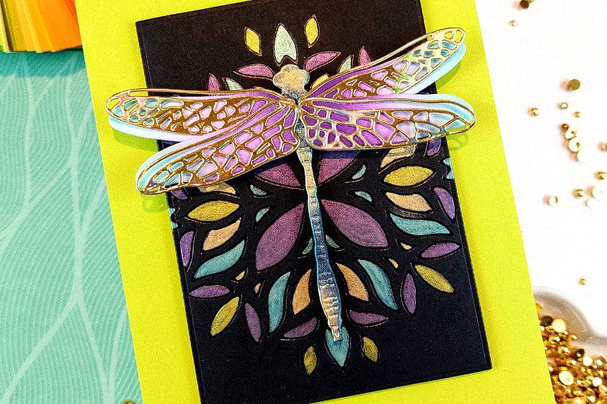Colorful handmade greeting card with metallic 3D embossed mandala design and a die-cut dragonfly