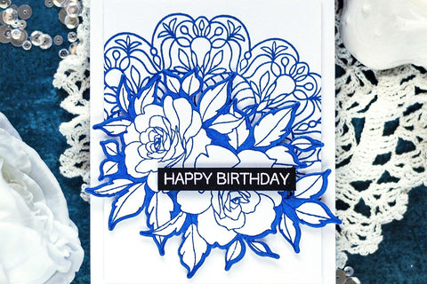 Masculine birthday card idea with blue flowers and a beautiful mandala design in the background
