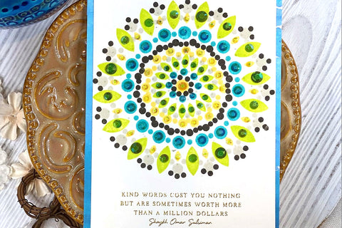 Blue and green mandala on a simple handmade card, decorated with Altenew Gem Sparkles