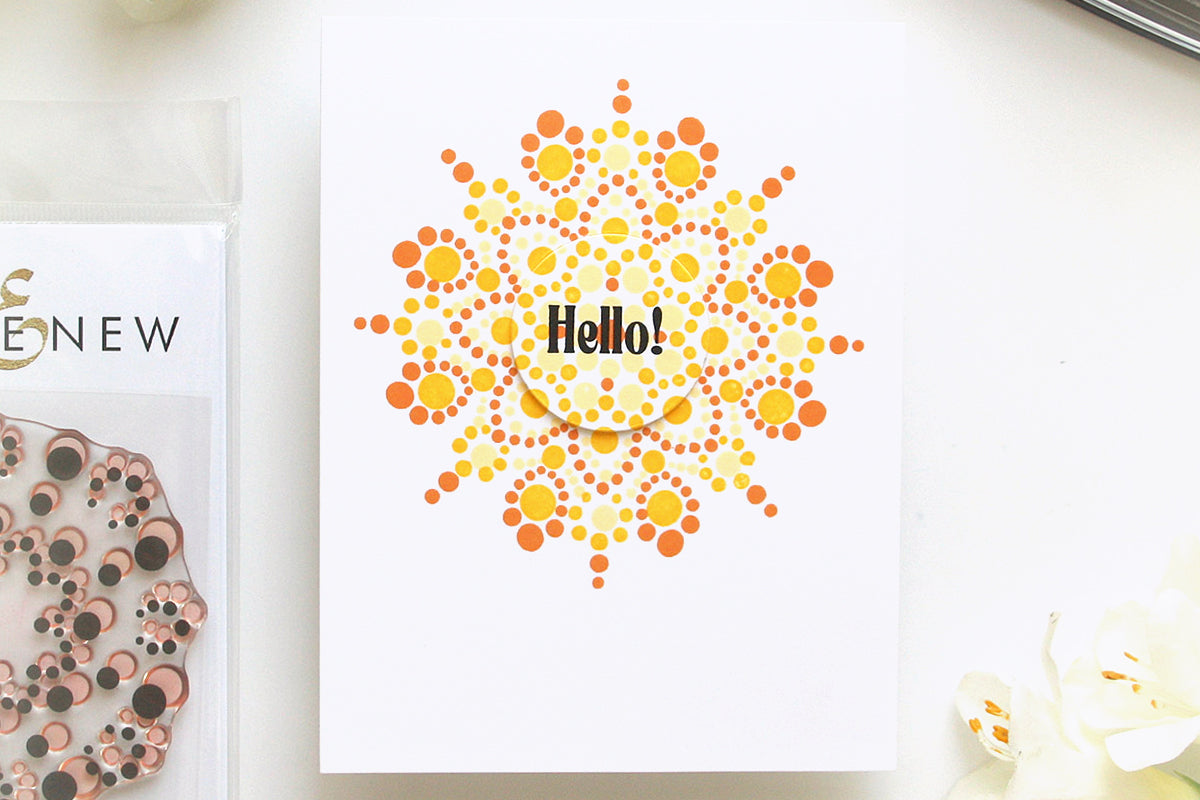 Clean and simple DIY greeting card with a yellow-orange mandala and the sentiment "hello"