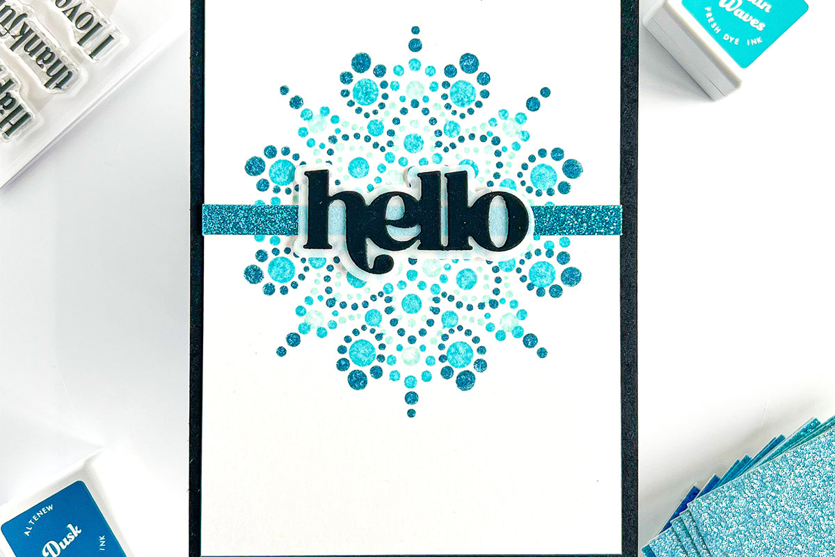 Handmade greeting card with a blue dotted mandala design, made with Altenew Dotted Mandala Stamps