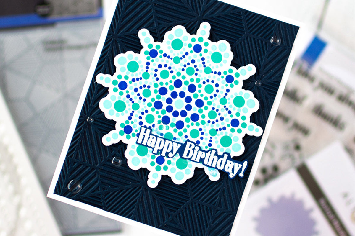 Masculine birthday card idea with blue and green mandala design and 3D embossed background