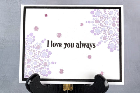 Clean and simple anniversary card with lavender mandalas stamped in the corners and the sentiment "I love you always"
