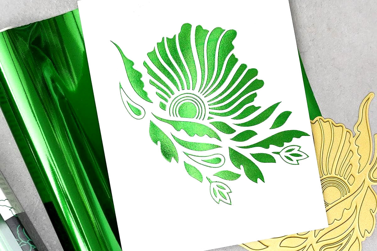 An intricate floral design hot-foiled onto cardstock with the Kelly Green Hot Foil Roll