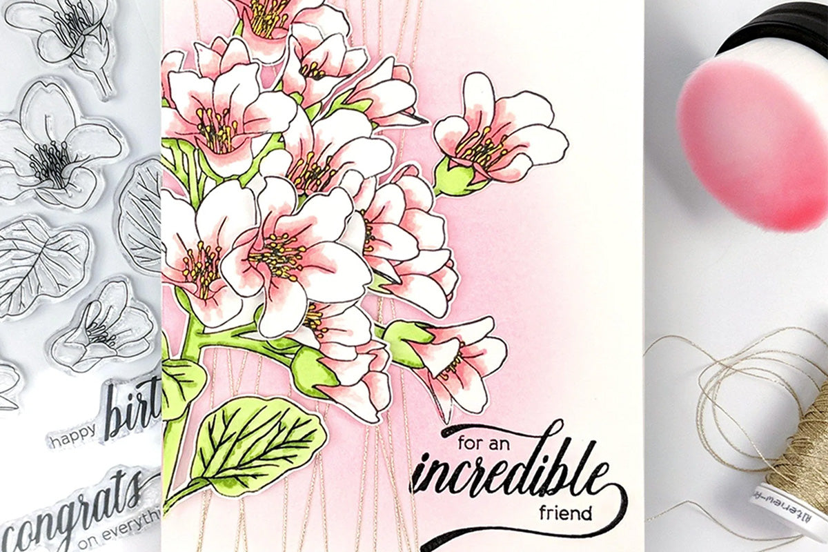 A greeting card with a beautiful floral background, created with the help of Altenew's Large Ink Blending Brush