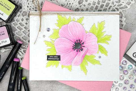 A card with a huge pink flower as a focal point, colored in with Altenew's Micro Ink Blending Brush Set