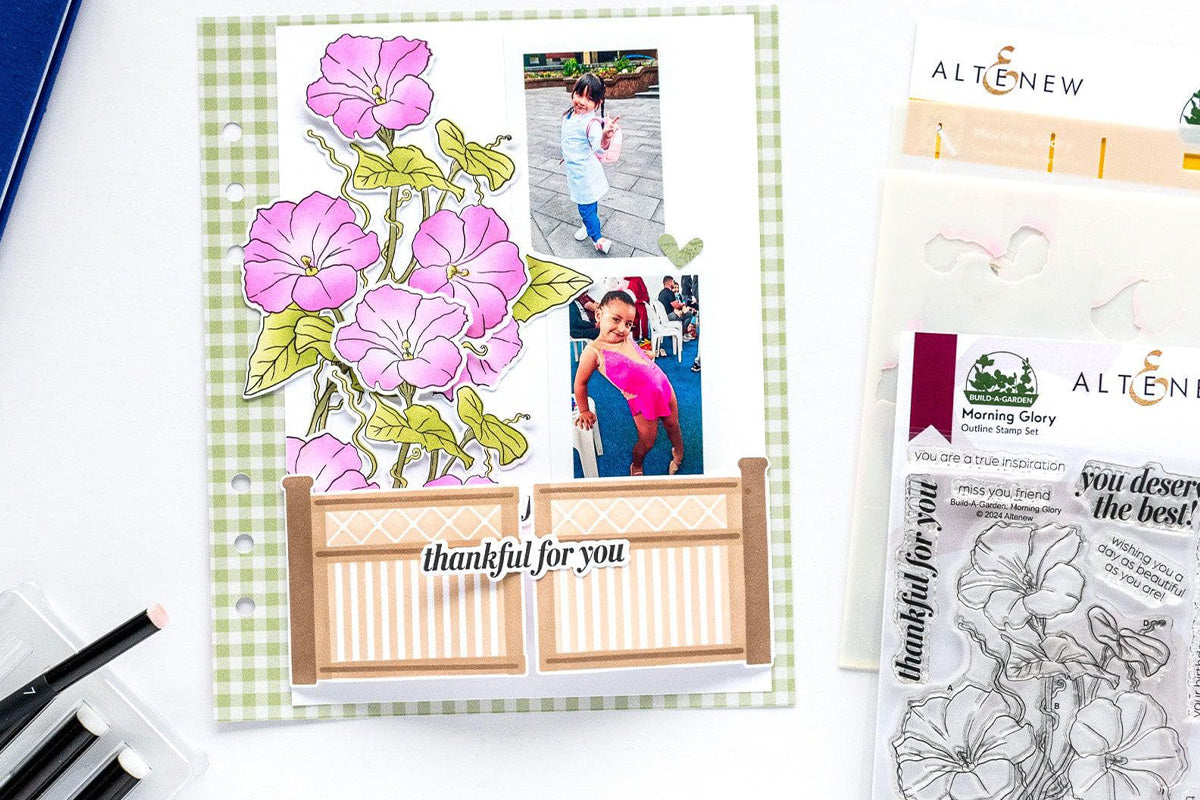 A memory-keeping layout made with the Morning Glory Stamp set and Altenew's Micro Ink Blending Brush Set