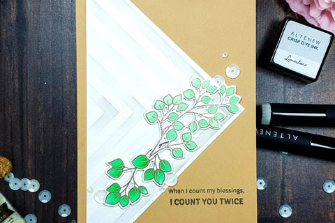 A lovely greeting card with a leaf-based design colored in with Altenew's Mini Ink Blending Brushes