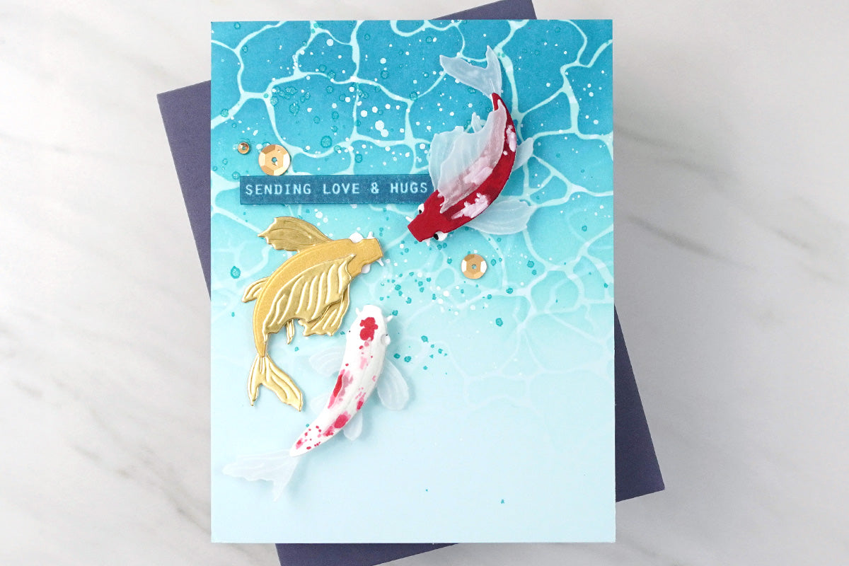 Unique 3D handmade greeting card with 3 koi fish and a stenciled water background