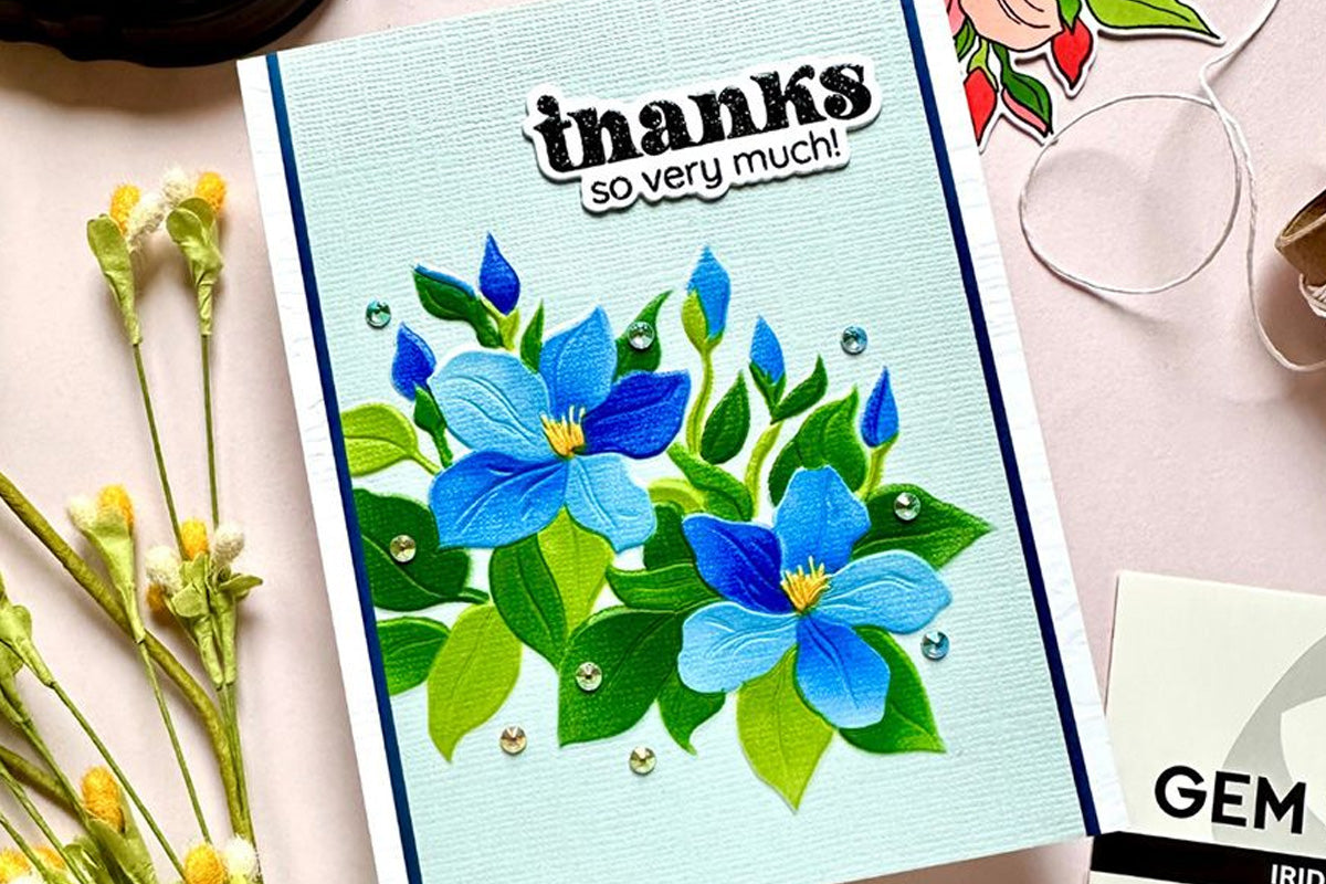 Masculine thank you card with 3D embossed blue jasmine flowers, featuring Altenew Sweet Jasmine Crafting Bundle