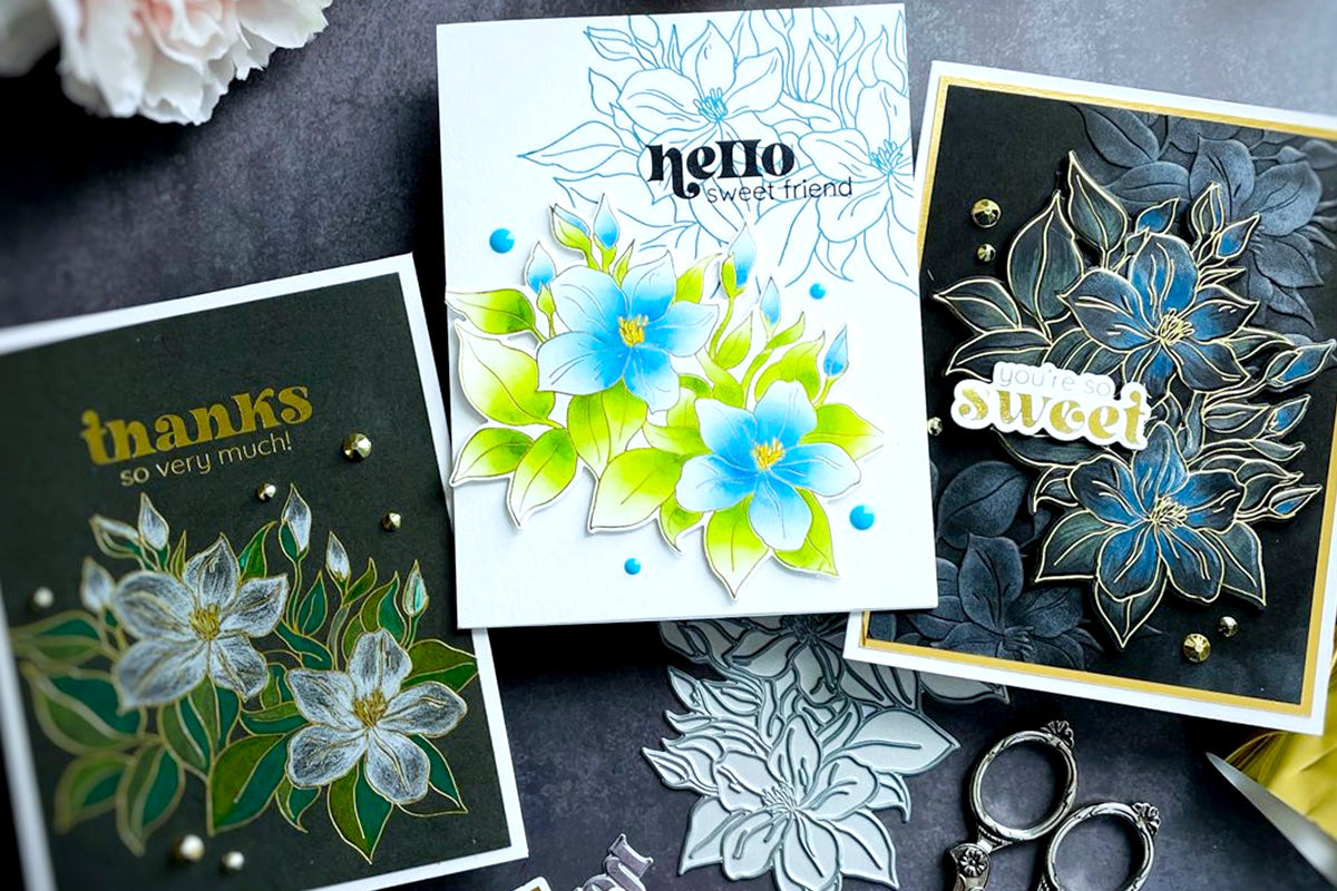 3 handmade cards made with Altenew's Sweet Jasmine Stamp, Die, Stencil, Embossing Folder, and Press Plate Bundle