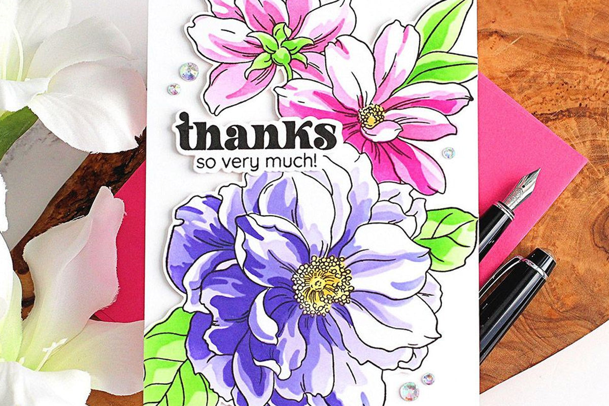 Simple thank you card with pink and purple flowers, made with Altenew Sweet Jasmine Bundle