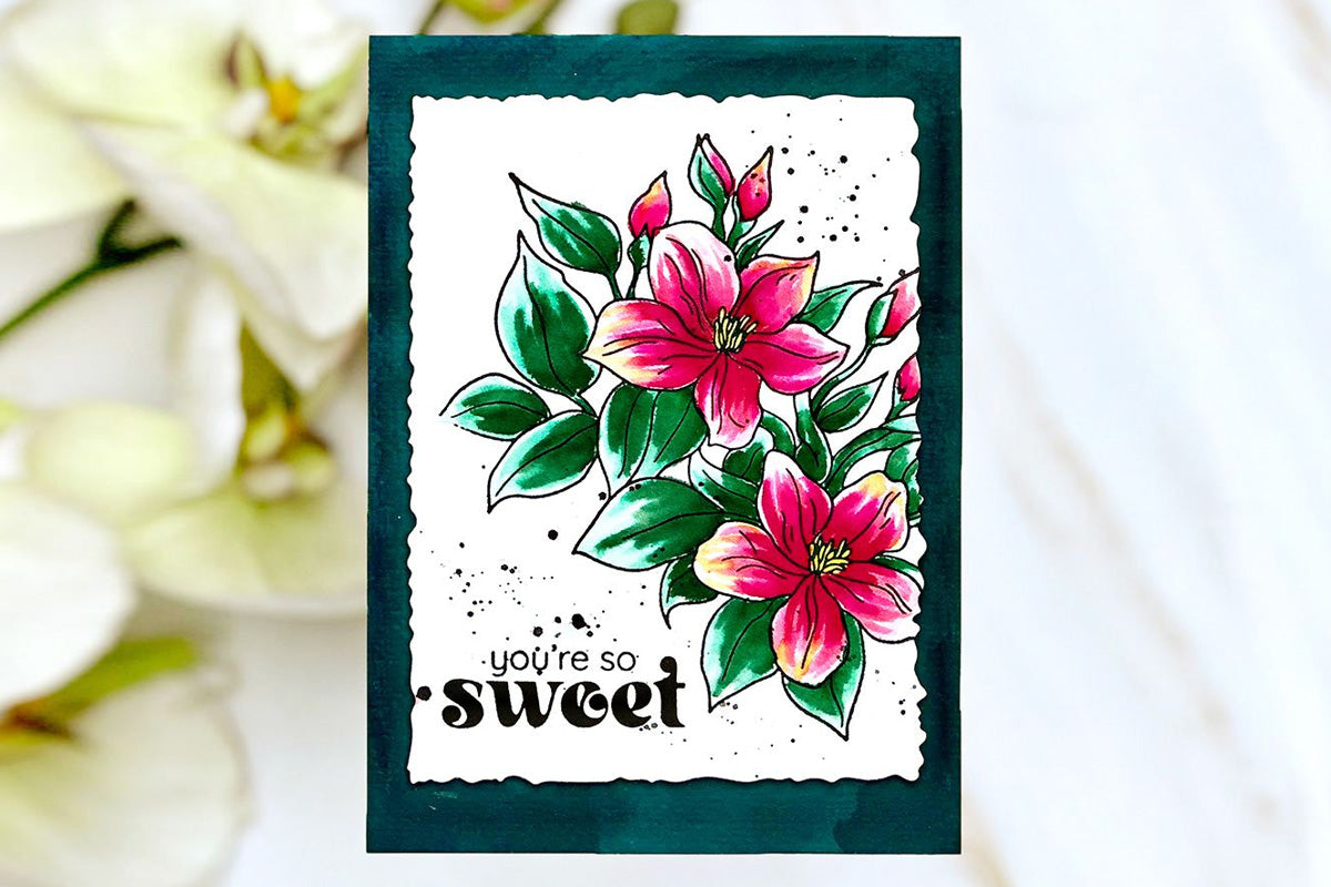 One layer handmade card with jasmine flowers colored in with alcohol markers