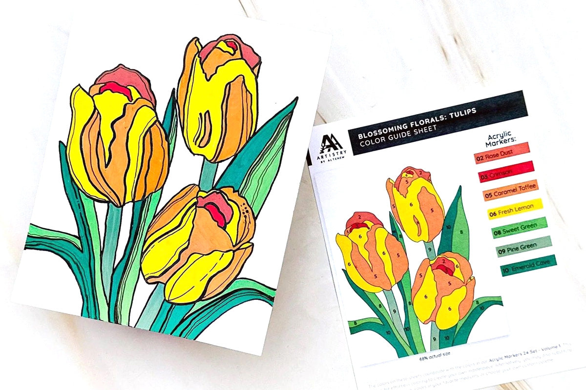 A card of colorful tulips created from Altenew’s Color-by-Number: Blossoming Florals and Acrylic Markers Vol. 1