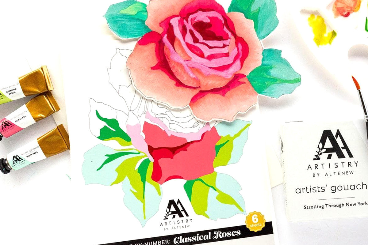A die-cut flower from the Paint-by-Number Sheets: Classical Roses, colored in by Artists' Gouache from Altenew