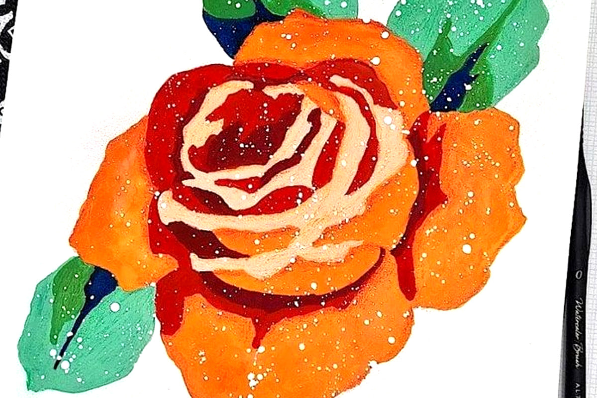 An orange rose from the Paint-by-Number sheets, painted with Artists' Gouache from Altenew