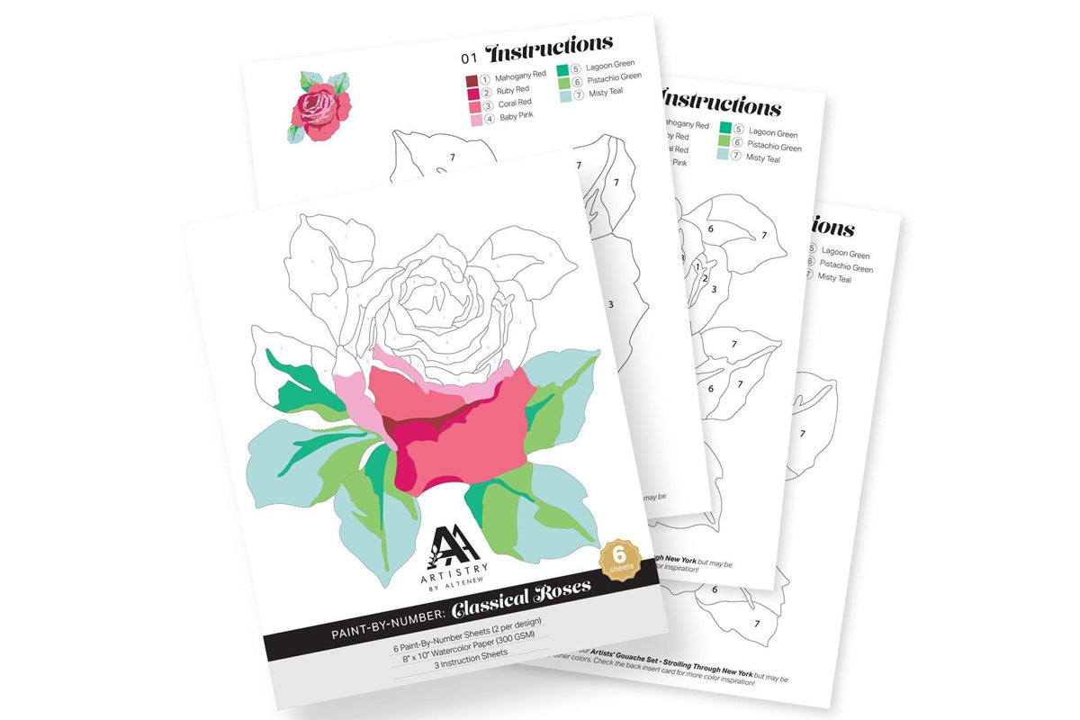 Altenew's Paint-by-Number Sheets: Classical Roses, with coloring instructions